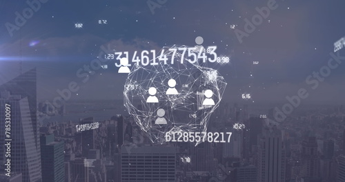 Image of globe of connections with data processing and icons over cityscape