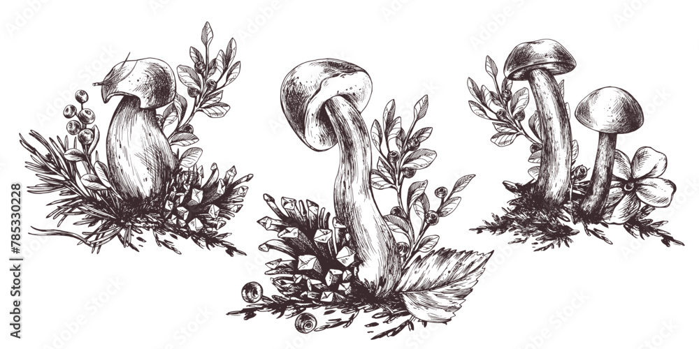 A set of forest mushrooms, boletus, chanterelles and blueberries, lingonberries, twigs, cones, leaves. Graphic illustration hand drawn in black ink. EPS vector. - obrazy, fototapety, plakaty 