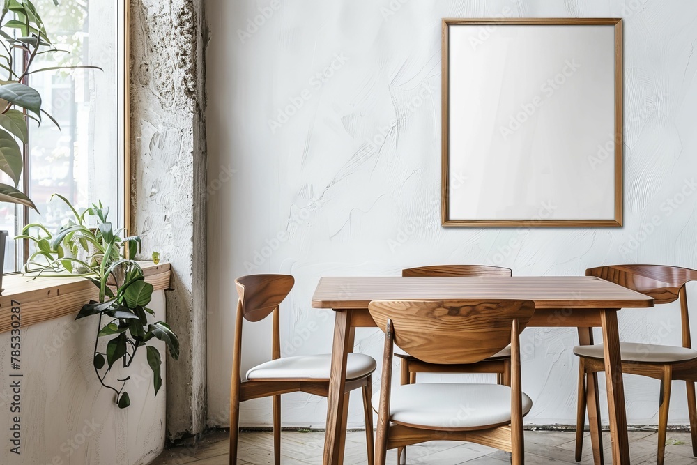 Mockup poster blank frame above a minimalist Scandinavian-style dining set. Beautiful simple AI generated image in 4K, unique. Mockup poster blank frame above a minimalist Scandinavian-style dining set. Beautiful simple AI generated image in 4K, unique.
