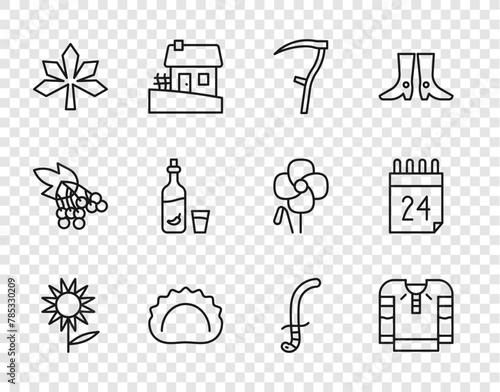Set line Sunflower, Embroidered shirt, Scythe, Dumplings, Chestnut leaf, Vodka with pepper and glass, Medieval sword and Independence day of Ukraine icon. Vector