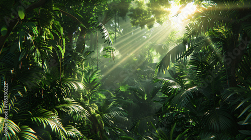 Dark rainforest sun rays through the trees rich jungle