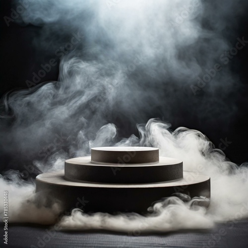 mystery and allure with an empty podium engulfed in swirling dark smoke, offering a dynamic product platform