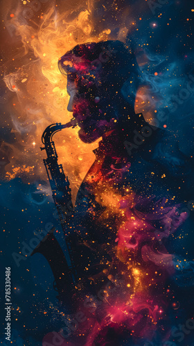 Silhouette of a saxophonist on a space background.