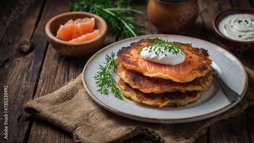 Homemade potato pancakes. Rösti with smoked salmon and sour cream on a rustic wooden background. Traditional Swiss cuisine.