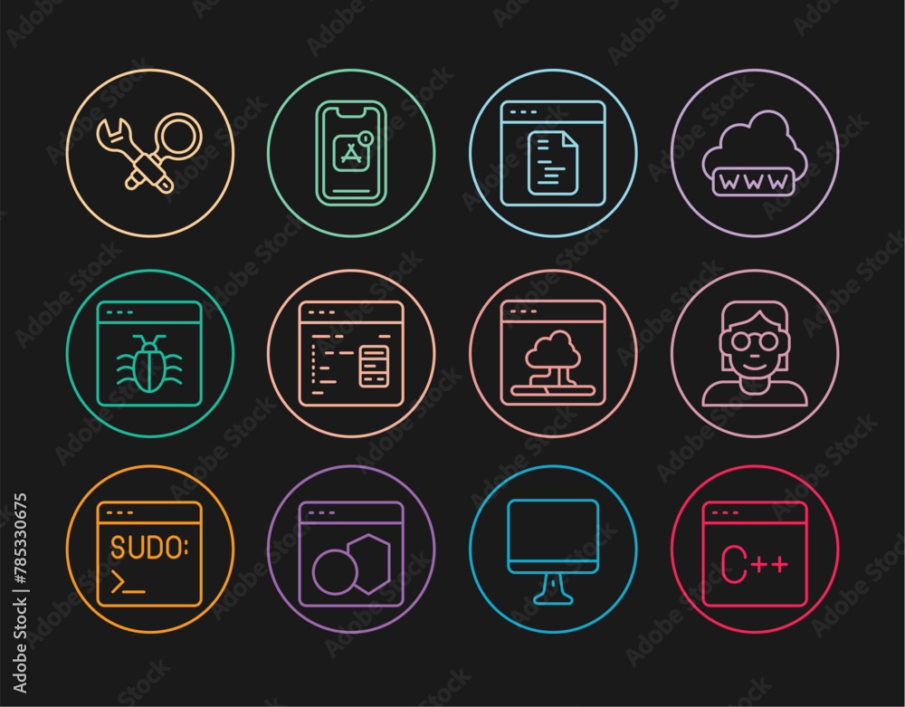 Set line Software, Hacker or coder, System bug, Debugging, Cloud technology data transfer and Mobile Apps icon. Vector Set line Software, Hacker or coder, System bug, Debugging, Cloud technology data transfer and Mobile Apps icon. Vector