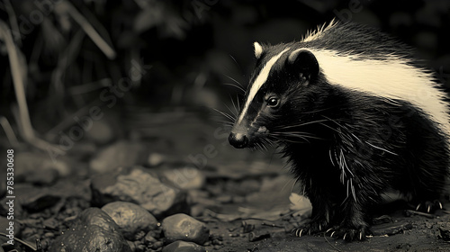 Skunk: A skunk in a defensive stance, photographed with high contrast to highlight its warning stripes, set against a night-time forest background with copy space