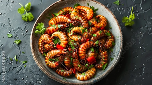 Close up bowl with edible insects - larva or shrimps with greens. Black background. photo