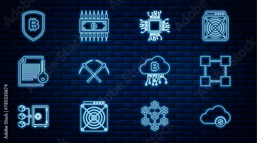 Set line Cryptocurrency cloud mining, Blockchain technology, Processor, Crossed pickaxe, Smart contract, Shield with bitcoin, and circuit icon. Vector