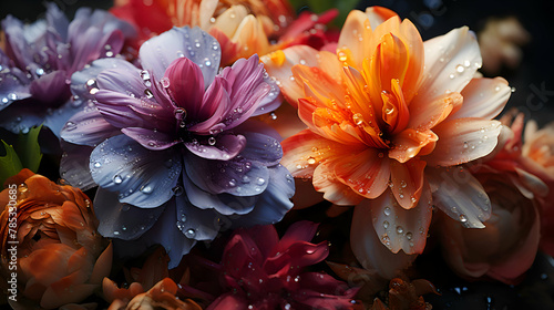 Bouquet of colorful flowers with water drops. closeup