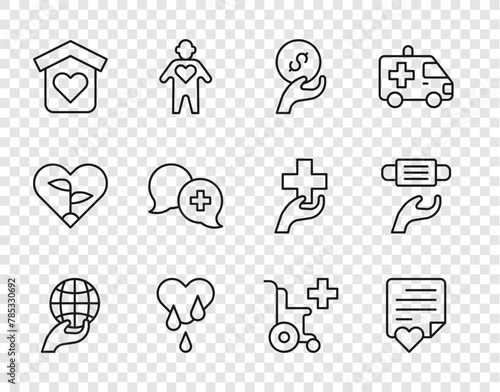 Set line Hand holding Earth globe, Envelope with heart, Donation charity, Blood donation, Shelter for homeless, Dialogue doctor, Wheelchair disabled person and Medical protective mask icon. Vector