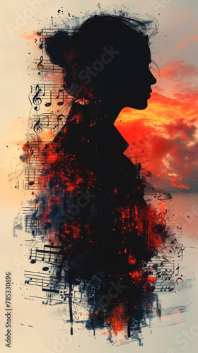 Black silhouette of a woman and musical notes.