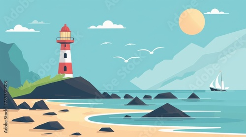 Bright and simple flat design of a seaside landscape