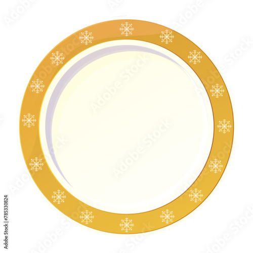 Holiday gold plate, bright empty dish top view with snowflakes, border ornament Christmas decoration isolated on white background.