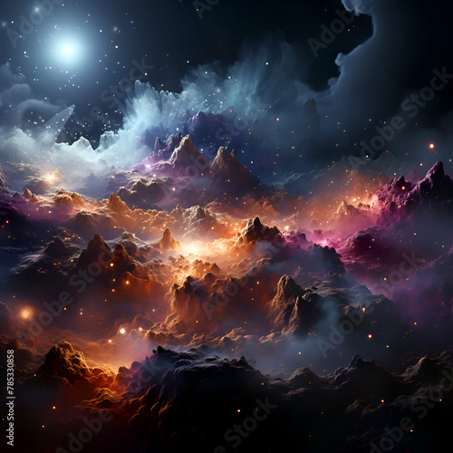 Fantasy landscape with nebula. stars and planet. 3D rendering