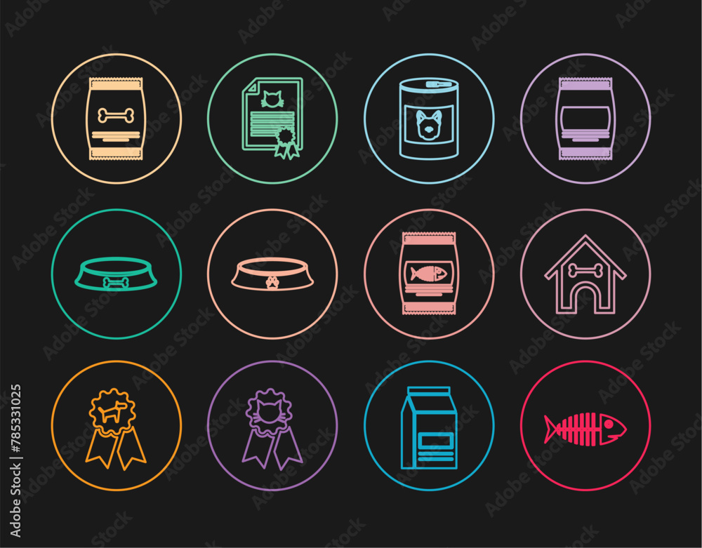 Set line Fish skeleton, Dog house and bone, Canned food for dog, Pet bowl, Bag of pet, cat and Certificate icon. Vector Set line Fish skeleton, Dog house and bone, Canned food for dog, Pet bowl, Bag of pet, cat and Certificate icon. Vector