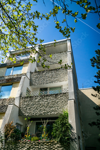 st.poelten, austria, 12 april 2024, brutalist concrete decoration on a residential building photo