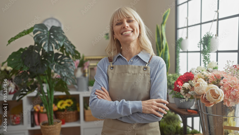 Blonde woman with arms crossed smiling in a vibrant flower shop filled with lush green plants and colorful bouquets.