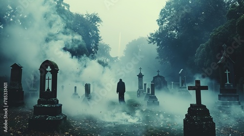 Misty Graveyard With Tombstones and Crosses photo