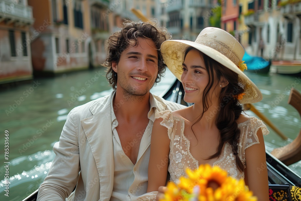 Naklejka premium Couple Enjoying Gondola Ride on Venice Canal