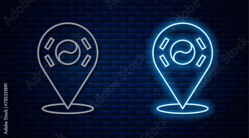 Glowing neon line Location South Korea icon isolated on brick wall background. Vector