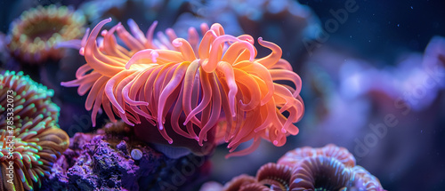 close up Sea anemone on a beautiful coral reef, with empty copy space 