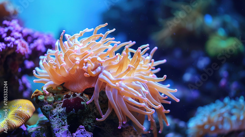 close up Sea anemone on a beautiful coral reef, with empty copy space 