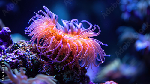 close up Sea anemone on a beautiful coral reef  with empty copy space 