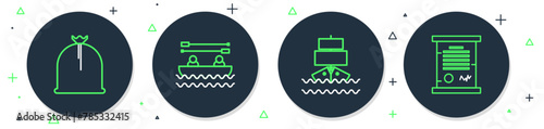 Set line Boat with oars, Ship, Pirate sack and Decree, parchment, scroll icon. Vector