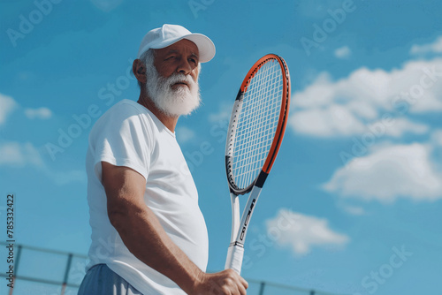 An elderly man with a gray beard was on the tennis court with a racket in his hand, preparing to play. © Apalko