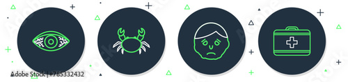 Set line Crab, Inflammation on face, Reddish eye allergic conjunctivitis and First aid kit icon. Vector