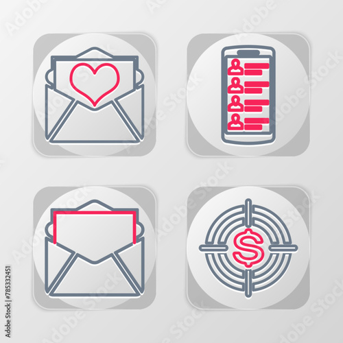 Set line Target with dollar, Mail and e-mail, Smartphone contacts and Envelope Valentine heart icon. Vector