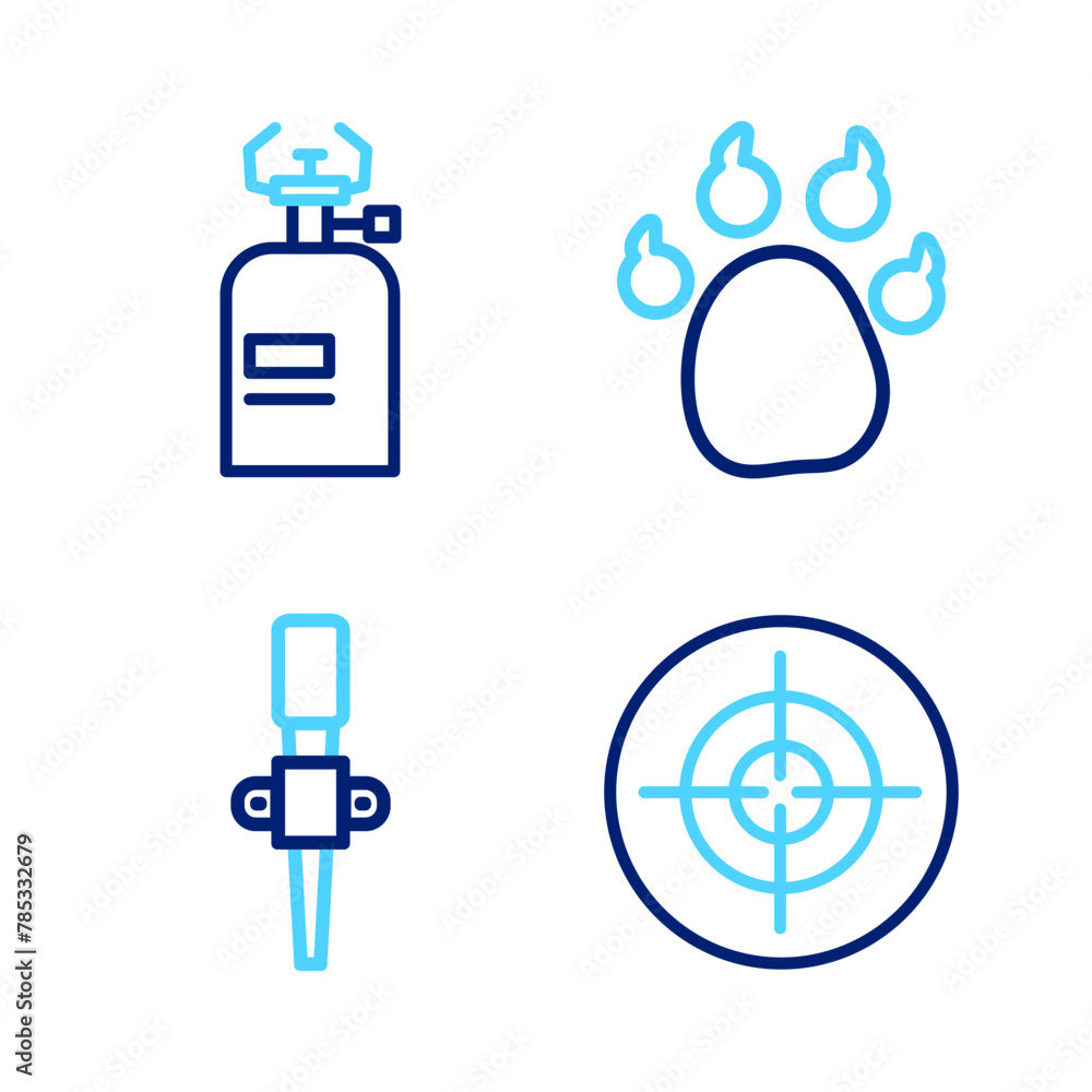 Set line Target sport, Torch flame, Paw print and Camping gas stove icon. Vector Set line Target sport, Torch flame, Paw print and Camping gas stove icon. Vector