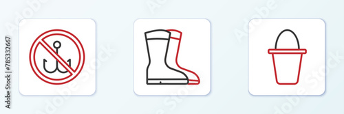 Set line Fishing bucket, No fishing and boots icon. Vector