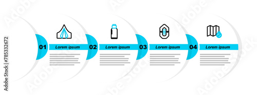 Set line Location of the forest on map, Rafting boat, Canteen water bottle and Tourist tent icon. Vector