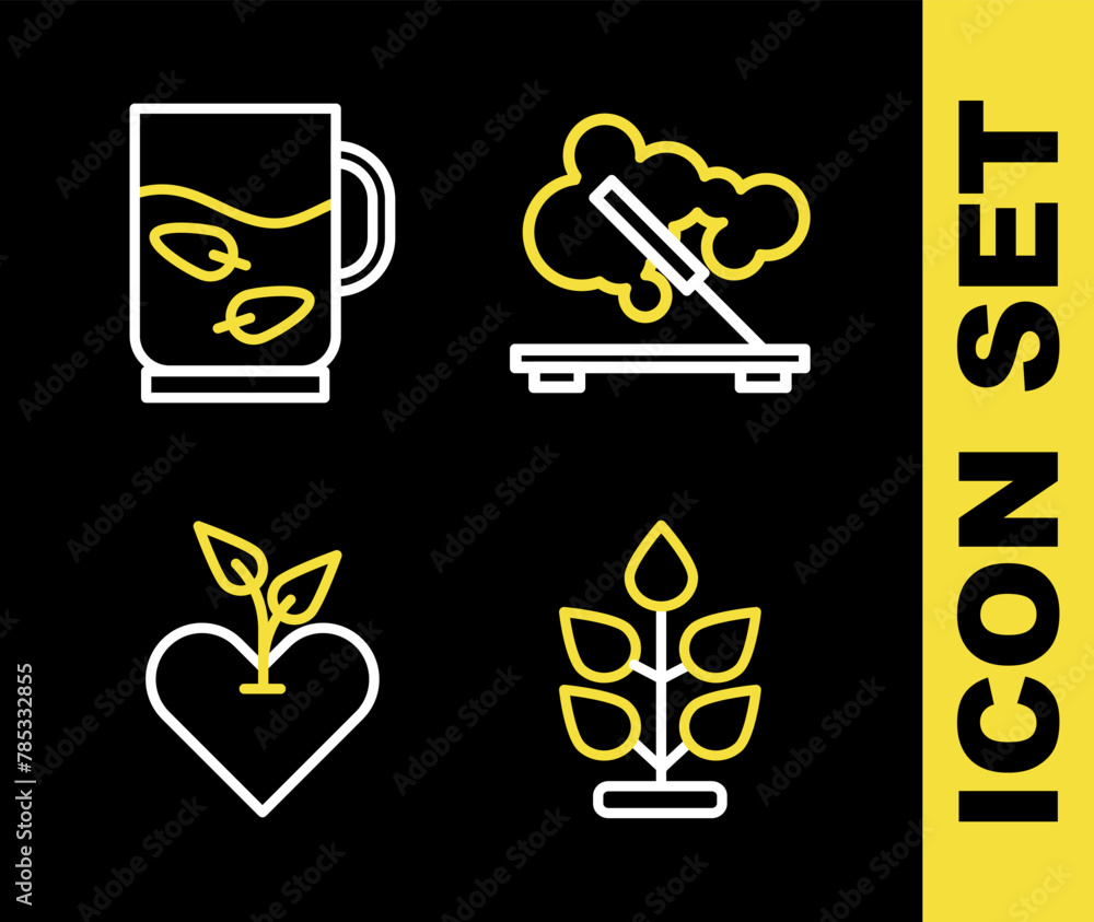 Set line Scented spa stick, Plant, Heart and Cup of tea and leaf icon. Vector Set line Scented spa stick, Plant, Heart and Cup of tea and leaf icon. Vector
