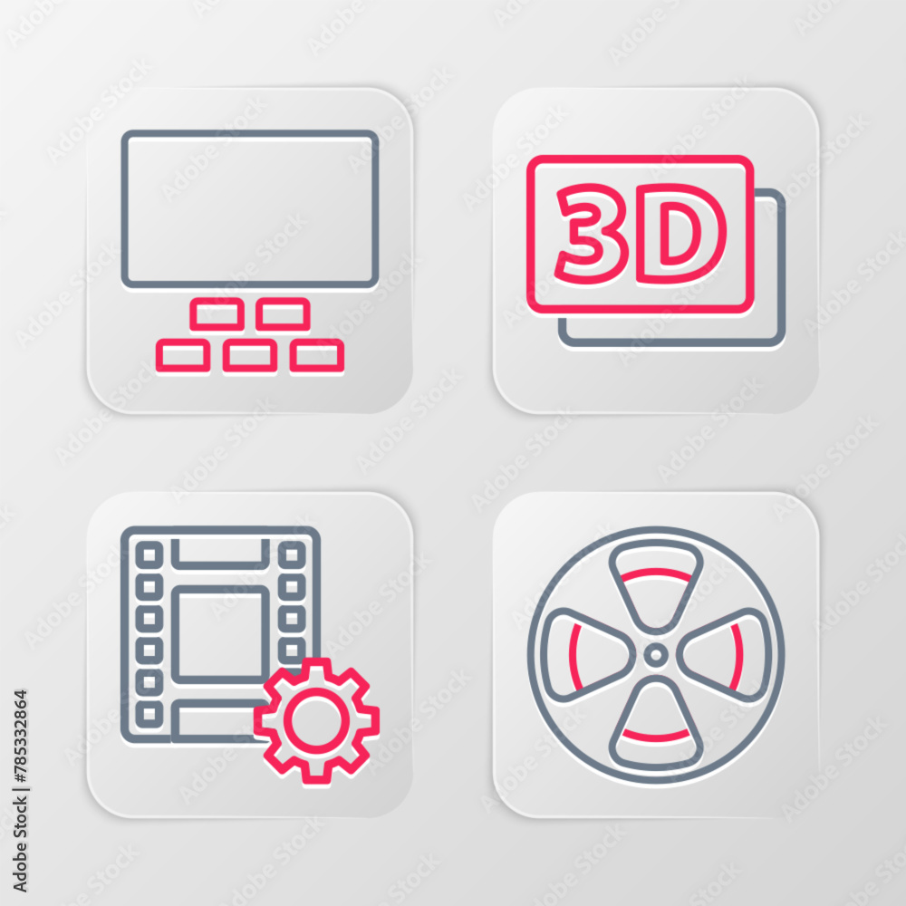Set line Film reel, Play Video, 3D word and Cinema auditorium with seats icon. Vector