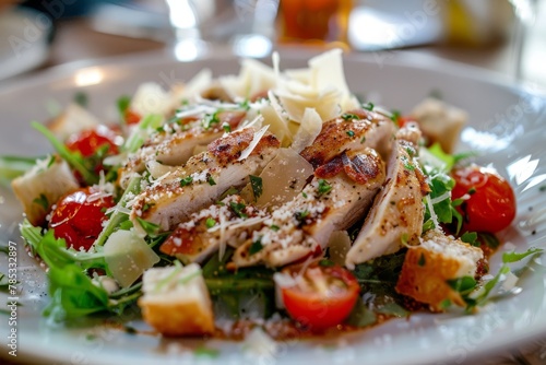 Caesar Salad with Roasted Chicken Breast, Croutons, Cherry Tomatoes and Grated Parmesan Cheese