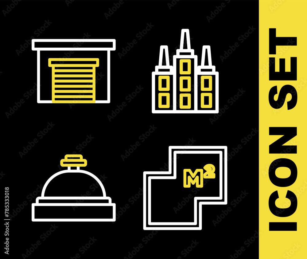 Set line Skyscraper, House plan, Hotel service bell and Garage icon. Vector