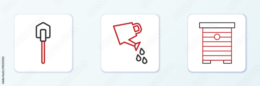 Set line Hive for bees, Shovel and Watering can icon. Vector Set line Hive for bees, Shovel and Watering can icon. Vector