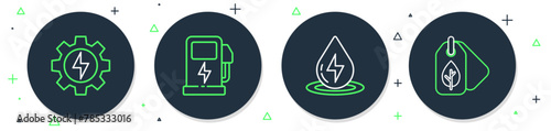 Set line Electric car charging station, Water energy, Gear and lightning and Tag with leaf icon. Vector