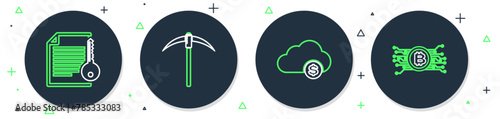 Set line Pickaxe, Cryptocurrency cloud mining, Smart contract and bitcoin circuit icon. Vector