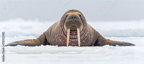 Walrus: A massive walrus captured with a wide lens to encompass its bulk and whiskered face, against a stark icy background with copy space. photo