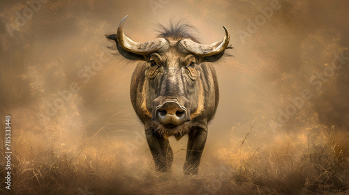 Warthog: A warthog photographed with a ground-level angle to emphasize its rugged features and tusks, set against a dusty savannah background with copy space