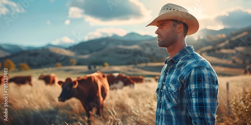 A Thoughtful Cowboy Finds Solace in the Rhythmic Routine of Ranch Life Amidst the Picturesque Countryside photo
