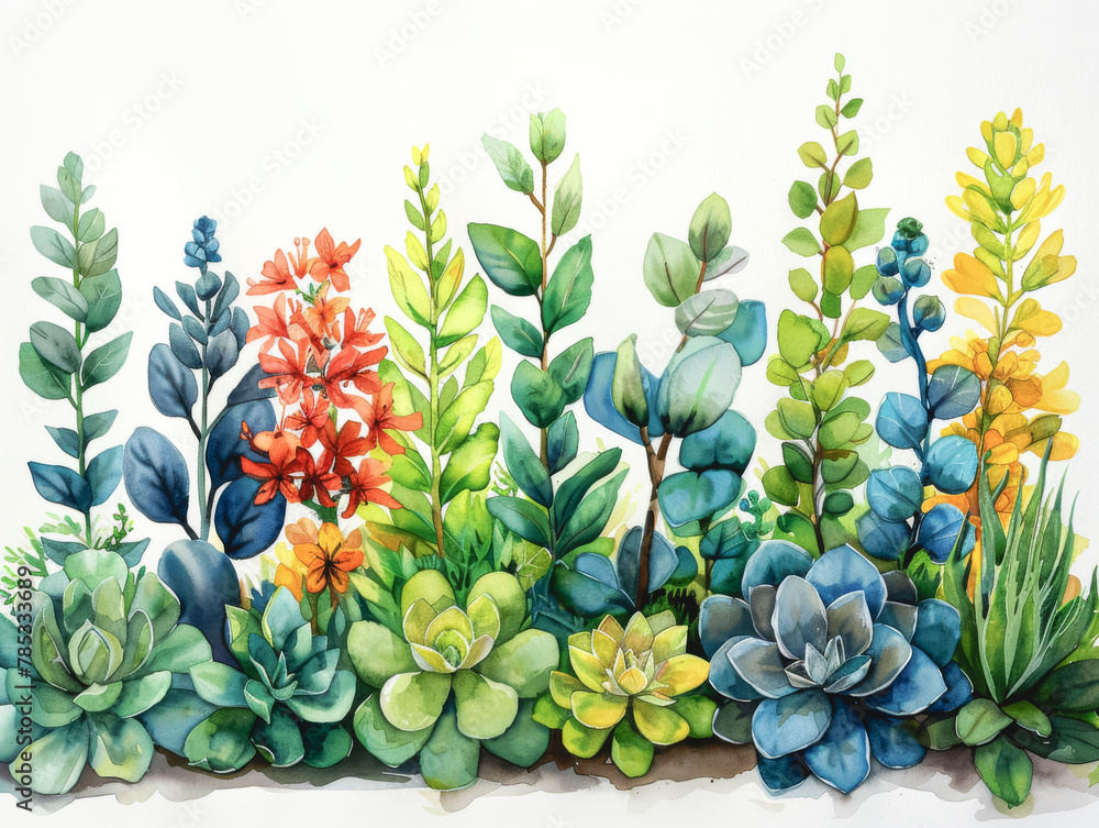 Watercolor succulent plants composition, floral bouquet illustration.