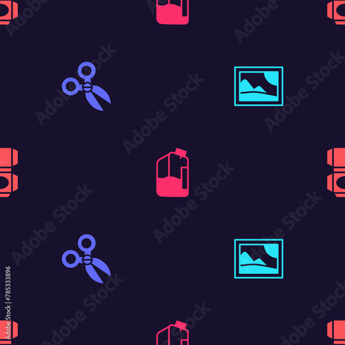 Set Picture landscape, Scissors, Printer ink bottle and Carton cardboard box on seamless pattern. Vector