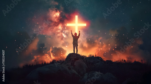 Christian cross symbol in the night sky with silhouette of person with their arms raised worshipping God