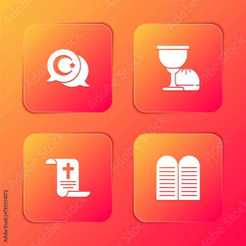 Set Star and crescent, Holy grail or chalice, Decree, paper, parchment, scroll and The commandments icon. Vector