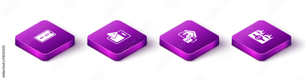 Set Isometric Mobile stock trading, Global economic crisis, Hanging sign with Sale and Burning dollar bill icon. Vector Set Isometric Mobile stock trading, Global economic crisis, Hanging sign with Sale and Burning dollar bill icon. Vector