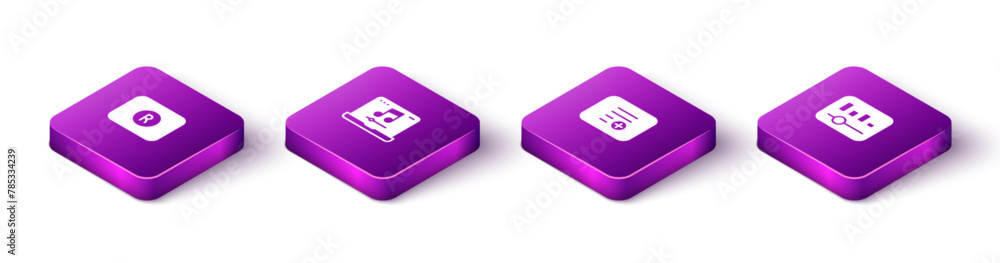 Set Isometric Record button, Laptop with music, Add playlist and Music equalizer icon. Vector Set Isometric Record button, Laptop with music, Add playlist and Music equalizer icon. Vector